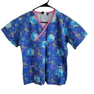 Med Wear Scrub Top Womens Size XS Blue Planets Peace Nursing Medical Uniform